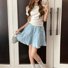 批发白色肌理感褶皱<b class='q'>半身裙</b>女夏季新款高腰显瘦A字中裙子休闲百搭短裙