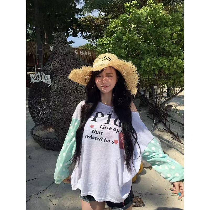 아메리칸 알파벳 프린트 도트 무늬 패치워크 색상 긴팔 티셔츠 여성 여름 느긋한 바람 슬림해 보이는 얇은 스타일 자외선 차단 블라우스 맨위