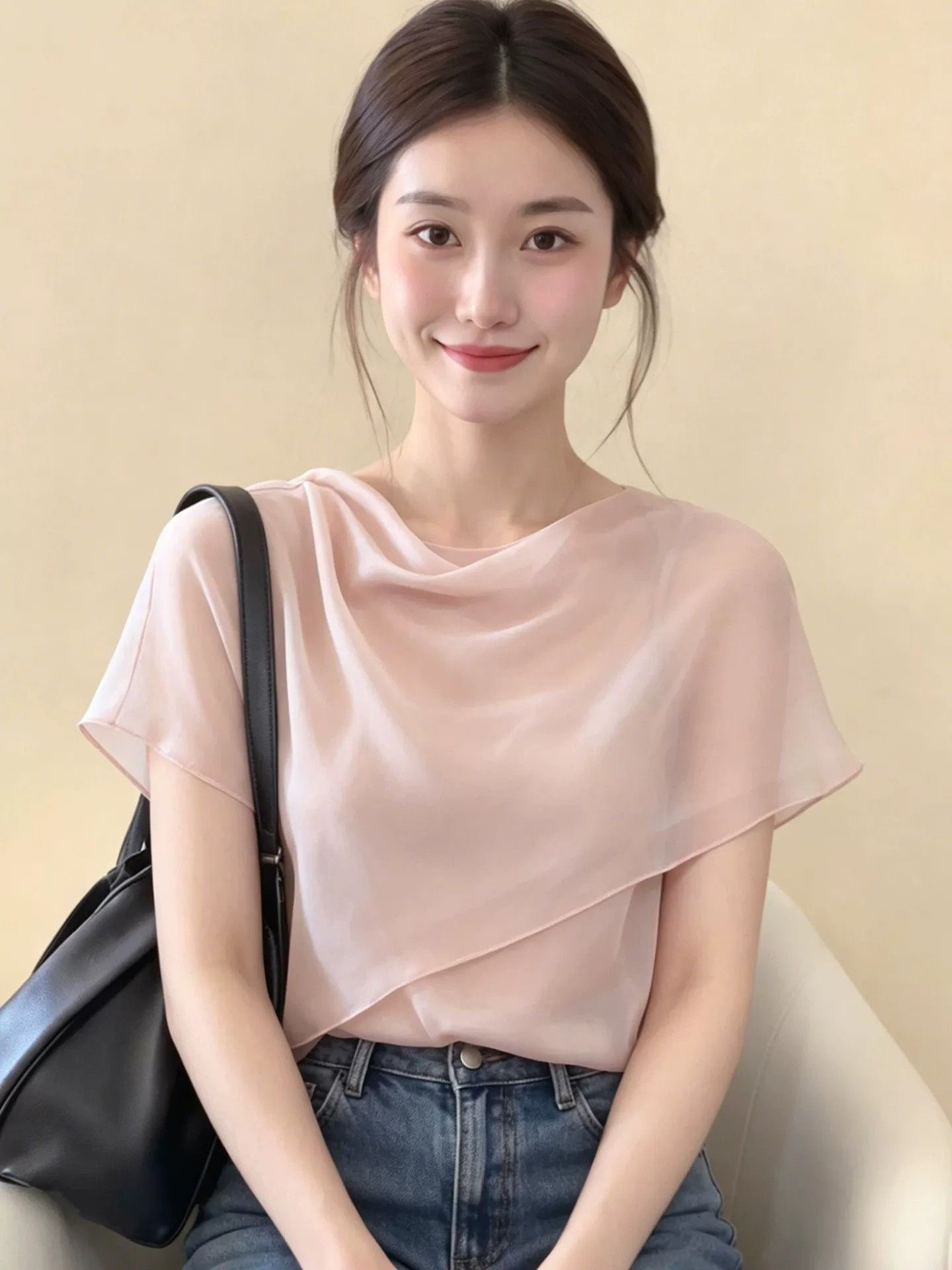 빅 사이즈 프랑스식 핑크색 흔들다 칼라 반팔 티셔츠 여성 여름 지방 mm 쉬폰 패치워크 디자인 센스 품격 슬림해 보이는 맨위