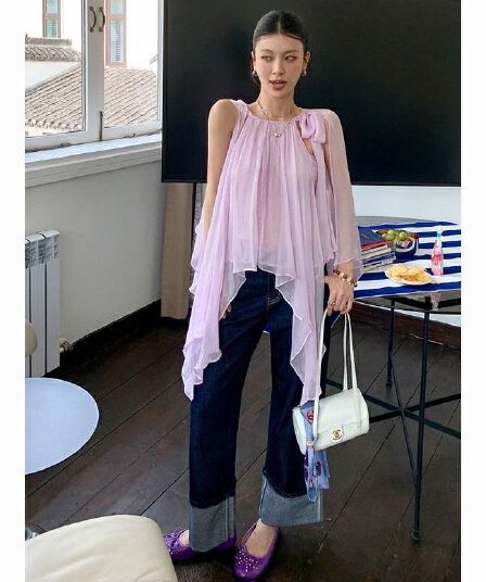 부드러운 안개 빛 산소 불규칙 프릴 민소매 쉬폰 셔츠 부드러운 보라색 우아한 휴가 바람 자이언트 잘 생긴 작은 셔츠
