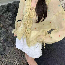 批发木耳边高级感喇叭袖洋气上衣女2026春夏新款V领系带彩色<b class='q'>刺绣</b><b class='q'>衬衫</b>