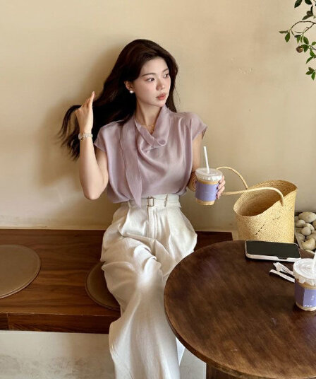 여름 장미 프랑스식 품격 리본 보라색 여성 셔츠 여름 섹션 고급 센스 어깨 Feifei 소매 맨위