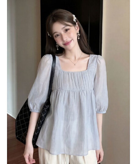 프랑스식 부드러운 바람 광장 칼라 거품 소매 여성 셔츠 2026 여름 빅 사이즈 지방 mm 루즈핏 인형 셔츠 아름다운 맨위