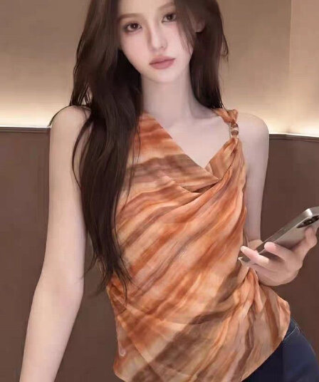 프랑스식 빛 럭셔리 바람이 아닙니다. 대칭 홀치기 염색 조끼 슬립 여성 여름 분위기 센스 흔들다 수신 Pleat 민소매 쉬폰 톱