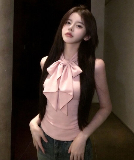 한 부서 부드러운 바람 핑크색 나비 넥타이 민소매 조끼 여성 여름 몸매 가꾸기 다용도 맨위