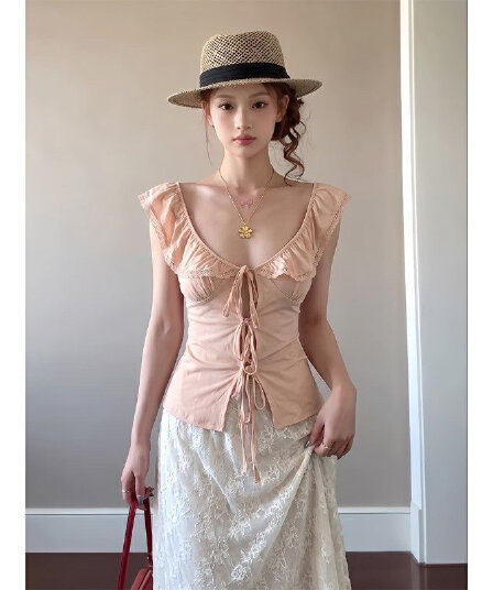 휴가 바람 작은 날다 소매 티셔츠 여성 외국 가스 연령 감소 레이스업 레이스 디자인 섹시함 핫걸 프랑스식 그레이트 봐. 의류