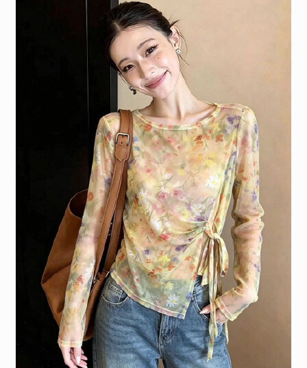 불규칙 홀치기 염색 프린트 슬림해 보이는 스트랩 티셔츠 여름 얇은 스타일 자외선 차단 블라우스 품격 Chic 망사 맨위 여성