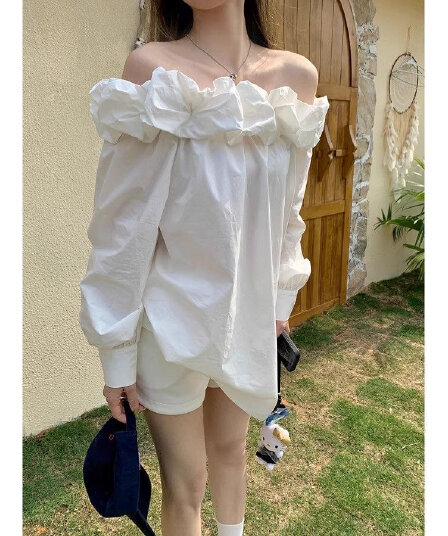 프랑스식 부드러운 바람 오프숄더 꽃밭 긴팔 셔츠 여성 의류 봄 루즈핏 슬림해 보이는 긴팔 셔츠 화이트 맨위