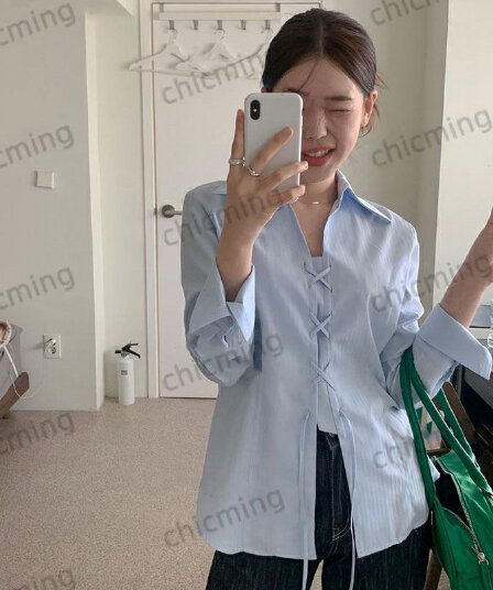 chictang2022 가을 캐주얼 부드러운 chic 바람 한국 스타일 루즈핏 파란색 십자가 스트랩 여성 셔츠 크리스틴 배
