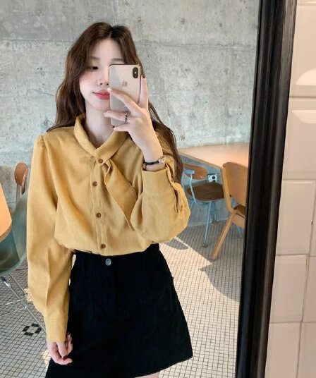 새로운 프랑스식 고급 센스 코듀로이 나비 넥타이 긴팔 여성 셔츠 가을 출퇴근 다용도 거품 소매 맨위