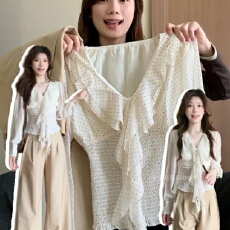 批发气质高级感飘带V领长袖雪纺衬衫女春季<b class='q'>收腰</b>显瘦别致百搭波点上衣