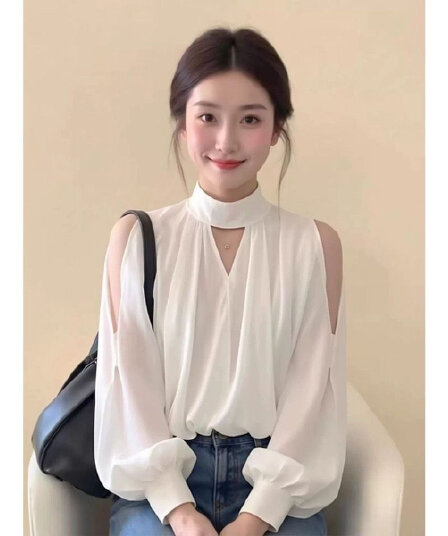 프랑스식 품격 반하이넥 작은 정사각형 긴팔 여성 셔츠 봄 가을 루즈핏 디자인 센스 작은 대중 Chic 오프숄더 맨위