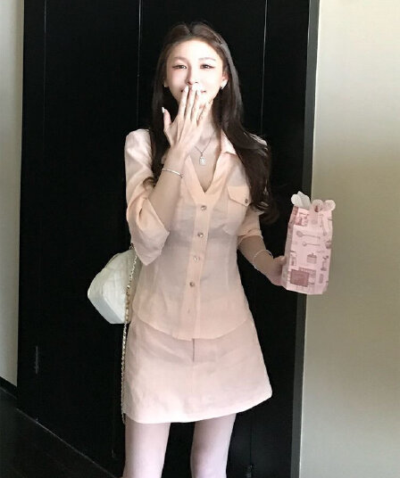 오래된 돈 바람 부드러운 품격 착용 가져 가라. 에이즈 환자 여성 세트 2026 봄 여름 새로운 핑크색 셔츠 반신 스커트 투피스 슈트