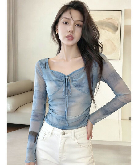 핫걸 고급 센스 헤일로 염색 Chic 망사 긴팔 티셔츠 여성 시스루 블라우스 레이스업 디자인 허리 수축 슬림해 보이는 맨위