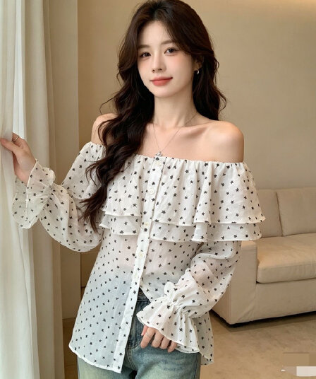 박하 남자 웨이브 셔츠 루즈핏 슬림해 보이는 고급 달콤함 프린트 맨위 패션 품격 슬림해 보이는 셔츠 프랑스식