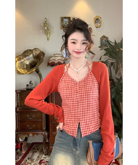 항구 바람 레트로 분위기 센스 섹시함 행침 목 체크무늬 패치워크 페이크 레이어드 여성 가을 슬림해 보이는 다용도 몸매 가꾸기 맨위