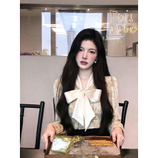 秋冬新款设计感绝美巨好看内搭上衣高级感香槟色蝴蝶结丝绒衬衫女