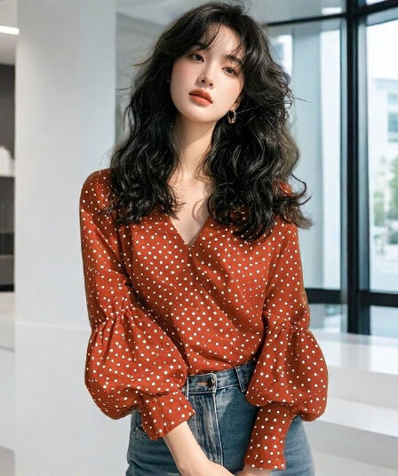 도트 무늬 2026 이른 봄 디자인 패션 잘 생긴 셔츠 칼라 도트 무늬 랜턴 항구 바람 루즈핏 맨위