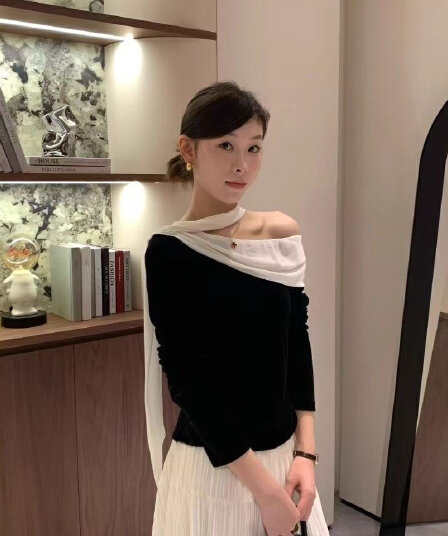 여행 계절 도파민 새로운 비스듬한 어깨 리본 긴팔 티셔츠 품격 몸매 가꾸기 슬림해 보이는 표지 배 맨위 만나는 디자인