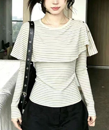 한 부서 미니멀리즘 페이크 레이어드 숄 스트라이프 긴팔 티셔츠 여성 가을 새로운 몸매 가꾸기 슬림해 보이는 출퇴근 다용도 맨위