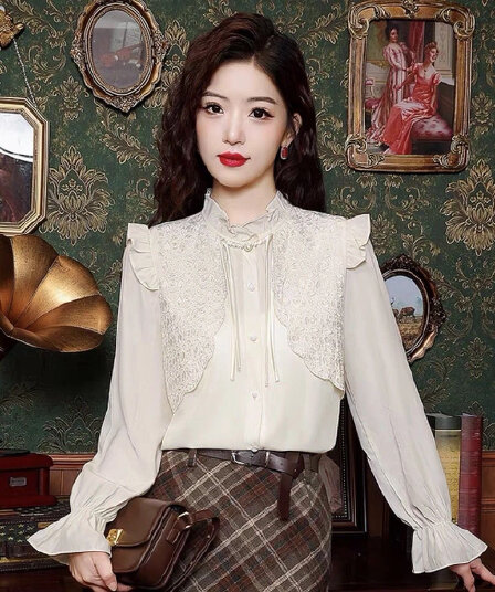 새로운 중식 국풍 긴팔 쉬폰 셔츠 여성 가을 겨울 새로운 프랑스식 연령 감소 작은 셔츠 외국 가스 페이크 레이어드 맨위