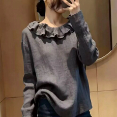批发秋季新款大码<b class='q'>女</b>装简约木耳边长袖衬衫<b class='q'>女</b>法式宽松长袖上衣百搭潮