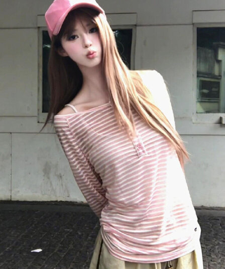 느긋한 바람 스트라이프 오프숄더 다용도 인사이드 가져 가라. 긴팔 티셔츠 소녀 봄 새로운 외국 가스 캐주얼 출퇴근 맨위