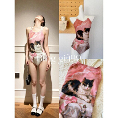 批发粉色黑猫泳衣可爱专业新款三角竞技游泳衣连体竞速运动游泳馆训练