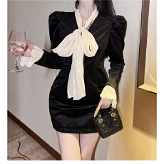 批发名媛黑色蝴蝶结飘带<b class='q'>泡泡袖</b>包臀<b class='q'>连衣裙</b> 显瘦气质