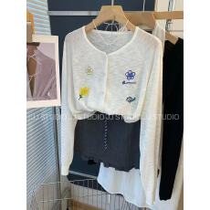 批发透气 韩国东大门彩色<b class='q'>花朵</b>刺绣宽松天丝亚麻针织衫女薄款外套<b class='q'>上衣</b>