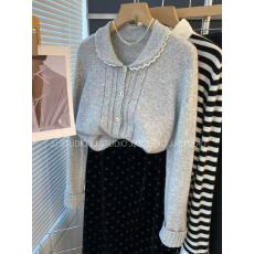 批发<b class='q'>蕾丝</b>拼接小翻领 韩国东大门甜美减龄灰色羊毛针织衫女秋开衫外套