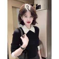批发高级感黑色Polo领针织打底衫女秋冬季独特漂亮毛衣内搭假两件上衣