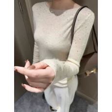 批发法式白色一字领烫钻针织打底衫女秋冬高级感<b class='q'>气质</b>内搭修身显瘦上衣