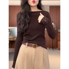 批发镂空拼接咖色针织打底衫女秋冬内搭2025年新款修身一字肩长袖上衣