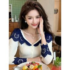 批发2025绝美巨好看冬季淡人高知穿搭时尚气质漂亮白色蕾丝拼接上衣女