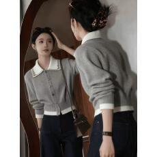 批发温柔风灰色大翻领针织开衫女2025秋季新款慵懒风奶呼呼单排扣上衣