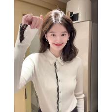 批发法式小资白色蕾丝拼接翻领针织开衫女秋季修身百搭休闲打底衫上衣