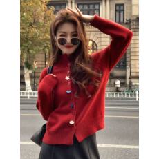 批发韩系漂亮红色半高领针织开衫女秋冬绝美设计感毛衣外套巨好看上衣