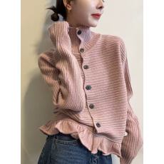 批发气质温柔减龄高领坑条针织衫女秋冬款纽扣开衫<b class='q'>荷叶边</b>时髦气质<b class='q'>毛衣</b>