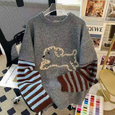 批发CSVQ小狗提花双拼色条纹袖口假两件灰色圆领针织毛衣<b class='q'>男</b>女秋冬上衣