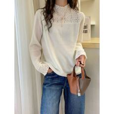 批发欧洲站2025冬季<b class='q'>新款</b><b class='q'>女</b>半高领拼镂空钩花气质显瘦山羊绒针织打底衫