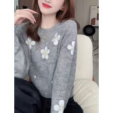 批发韩版时尚圆领刺绣花朵宽松针织衫女2025秋冬新款气质休闲百搭毛衣