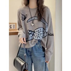 批发卡通猫咪印花羊毛针织衫女欧洲站2025秋冬新款慵懒风宽松加厚毛衣