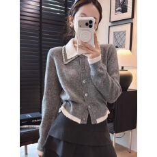 批发翻领假两件灰色针织毛衣开衫秋冬韩系<b class='q'>女装</b>短款独特漂亮小<b class='q'>外套</b>上衣