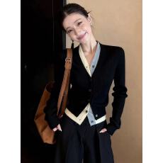 批发高级感黑色假两件<b class='q'>针织</b>开衫长袖修身通勤<b class='q'>上衣</b>2025冬季新款时尚百搭