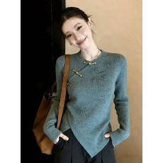 批发2026春季新款新中式立领斜襟盘扣针织衫女时尚休闲高级感减龄<b class='q'>毛衣</b>