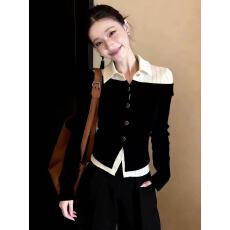 批发韩版时髦洋气超好看撞色假两件翻领长袖上衣女黑色高级感气质百搭