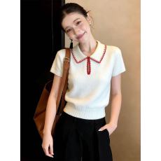 批发白色polo领简约宽松软糯短袖毛针织衫2026春季韩系漂亮百搭上衣女