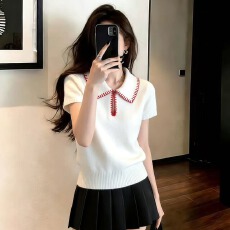 批发白色polo衫翻领针织衫短袖T恤女春季内搭打底衫2026超火减龄上衣