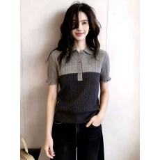 批发法式灰色polo领花边冰丝针织短袖t恤女夏夏季设计感短款正肩上衣